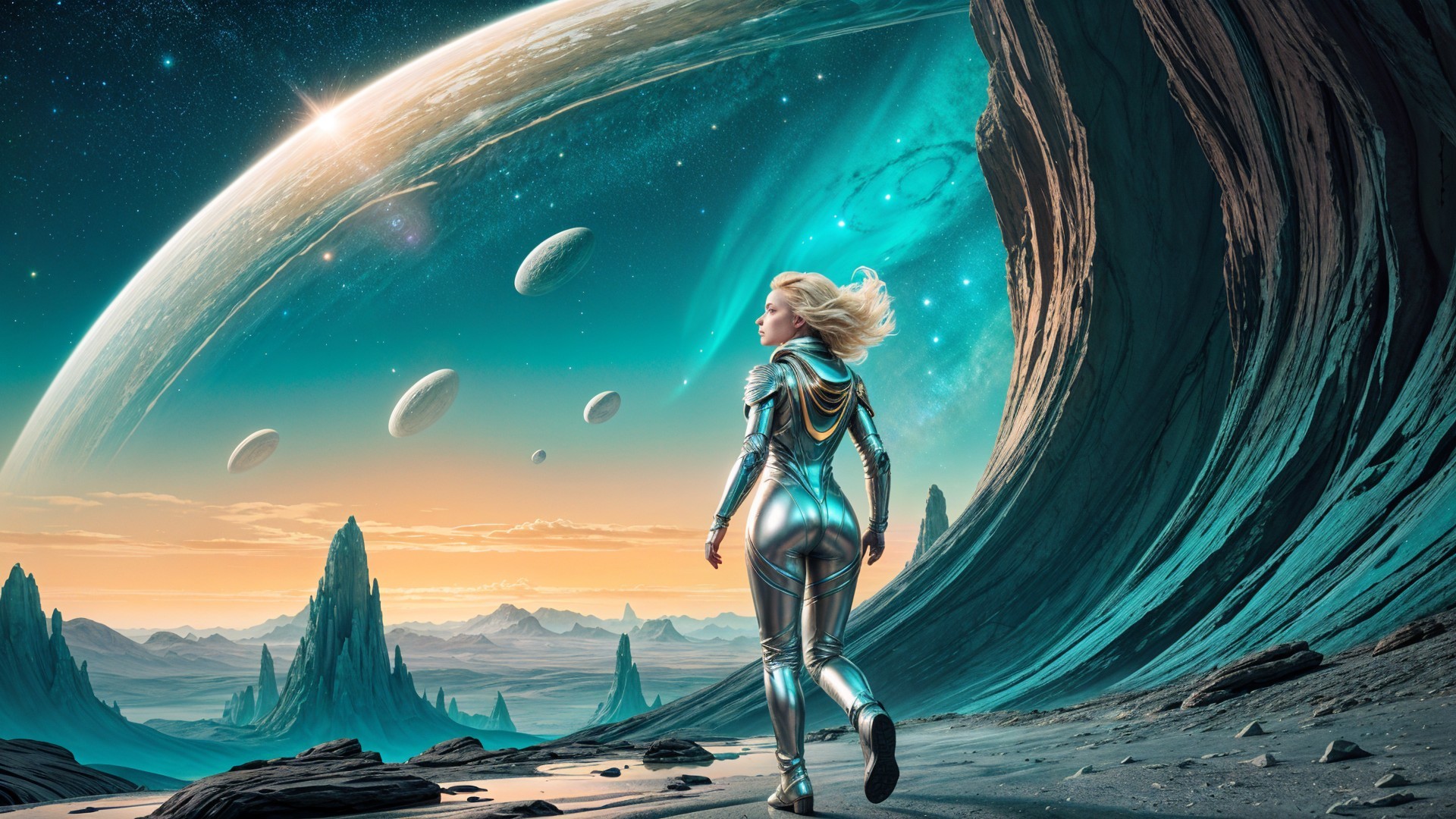 Futuristic Woman in Silver Suit on Alien Landscape