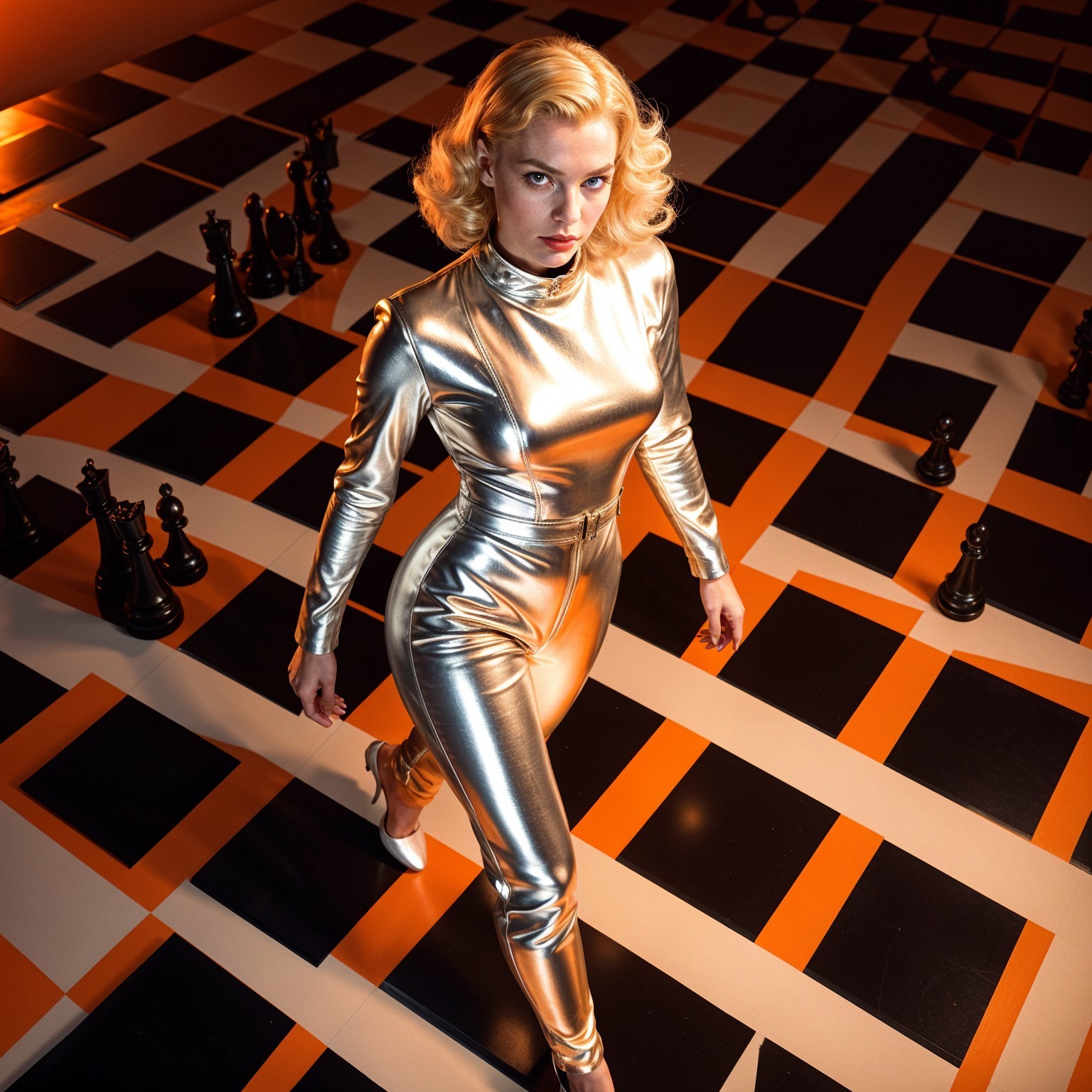 Silver Jumpsuit Figure on Black and Orange Chessboard