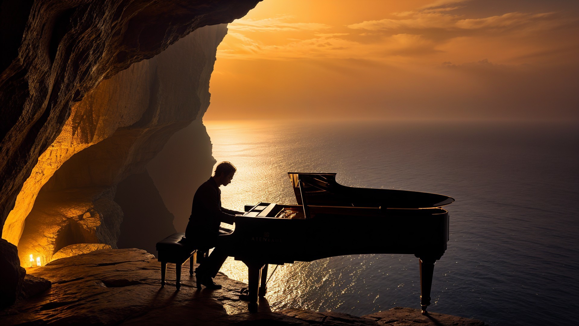 Pianist in Cave Overlooking Ocean at Sunset