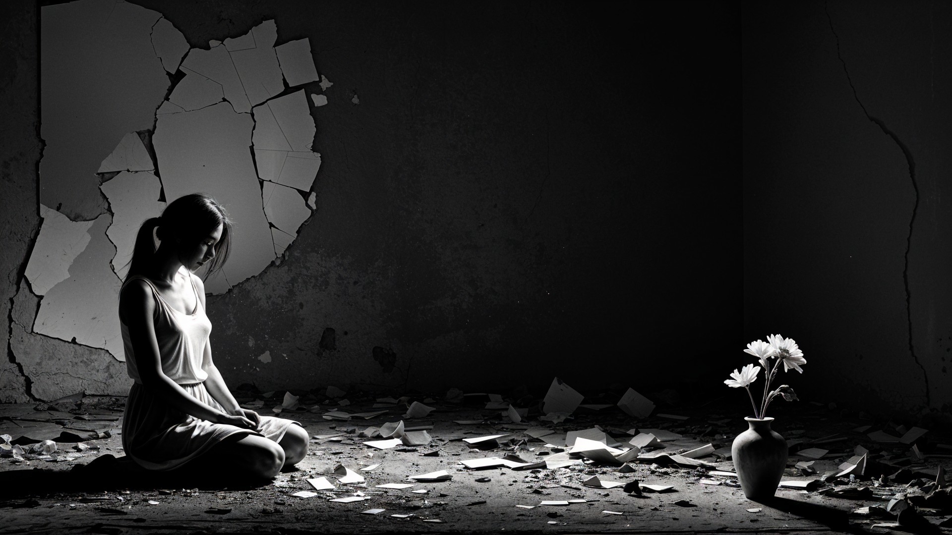 Solitary Figure in Abandoned Room with Flowers