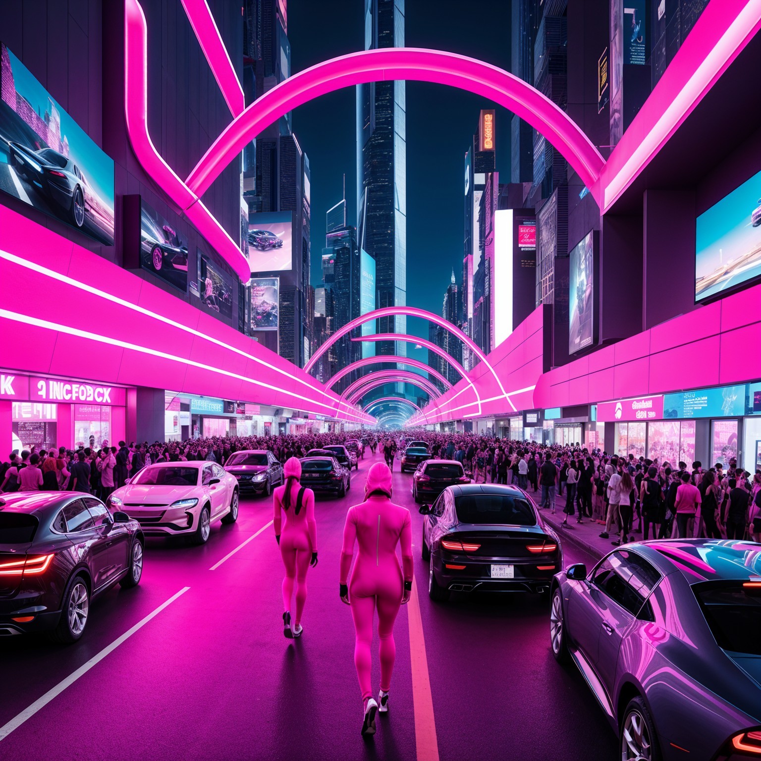 Futuristic neon-lit cityscape with vibrant pink hues