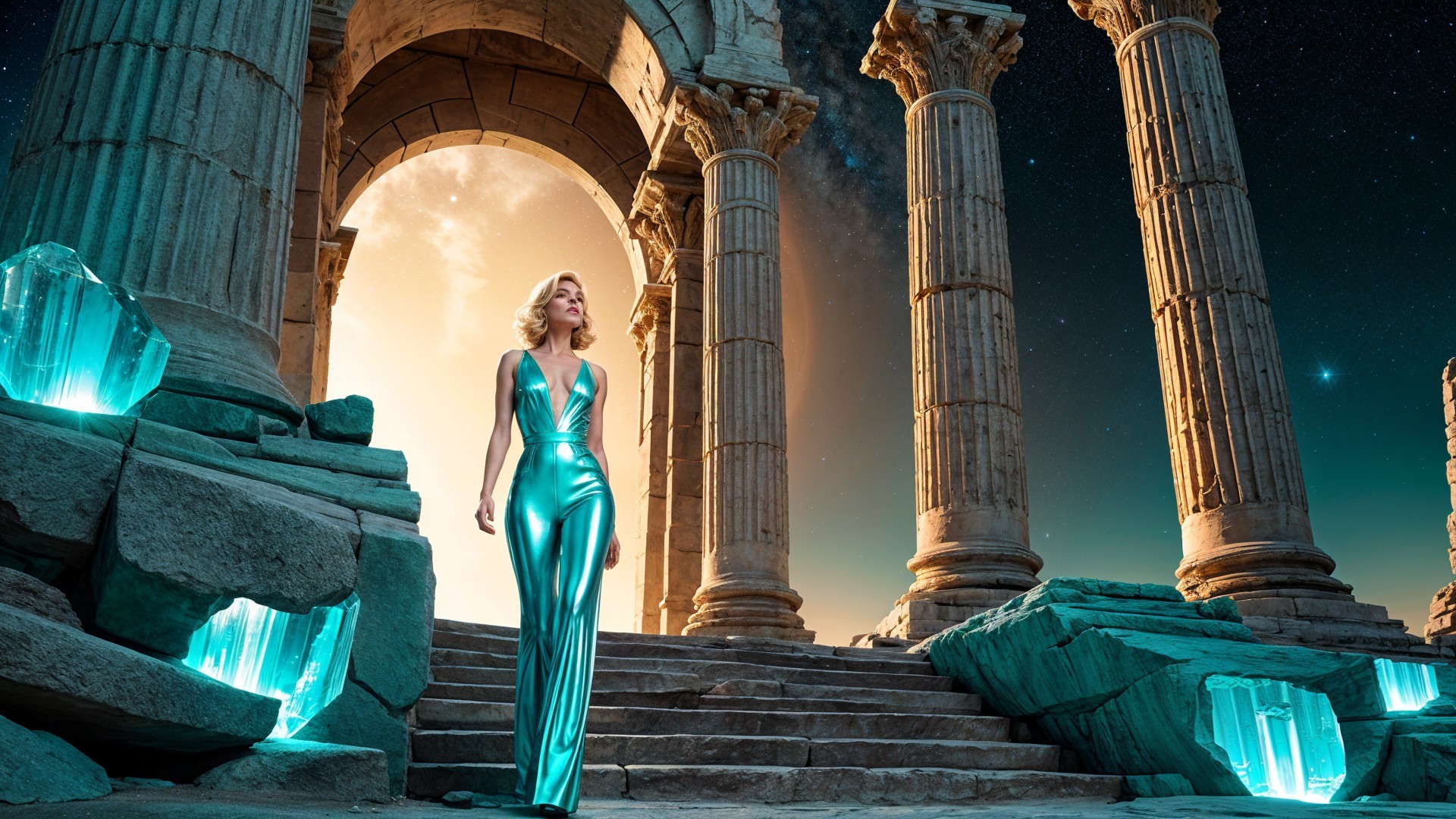 Elegant Woman in Silver Gown on Ancient Stone Steps