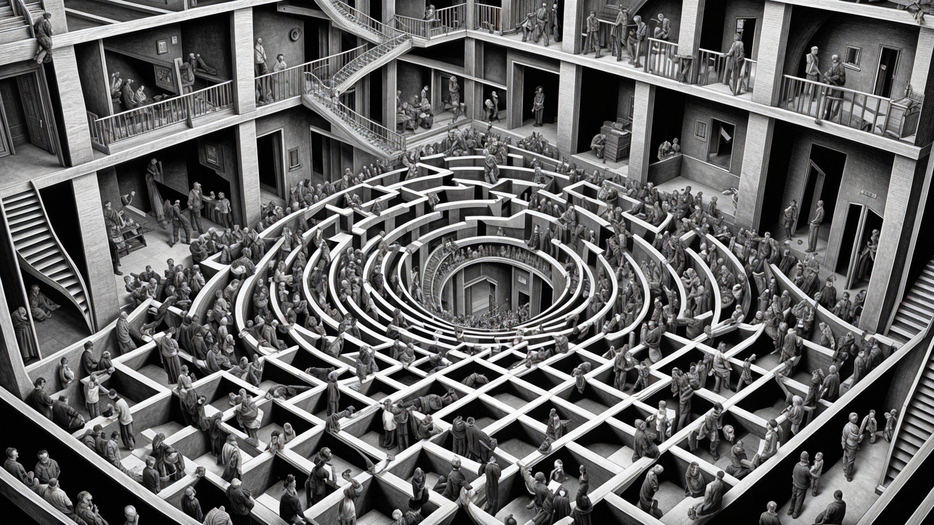 Monochrome Labyrinthine Structure with Crowds