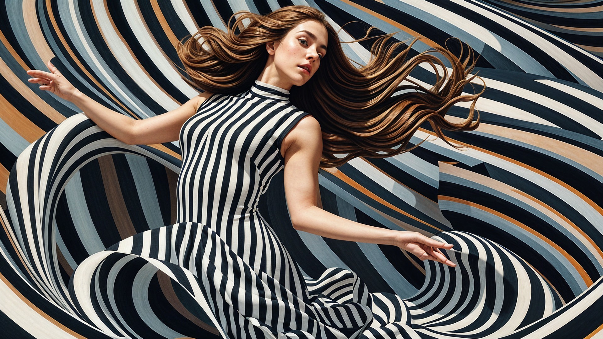Model in Black-and-White Striped Dress with Motion