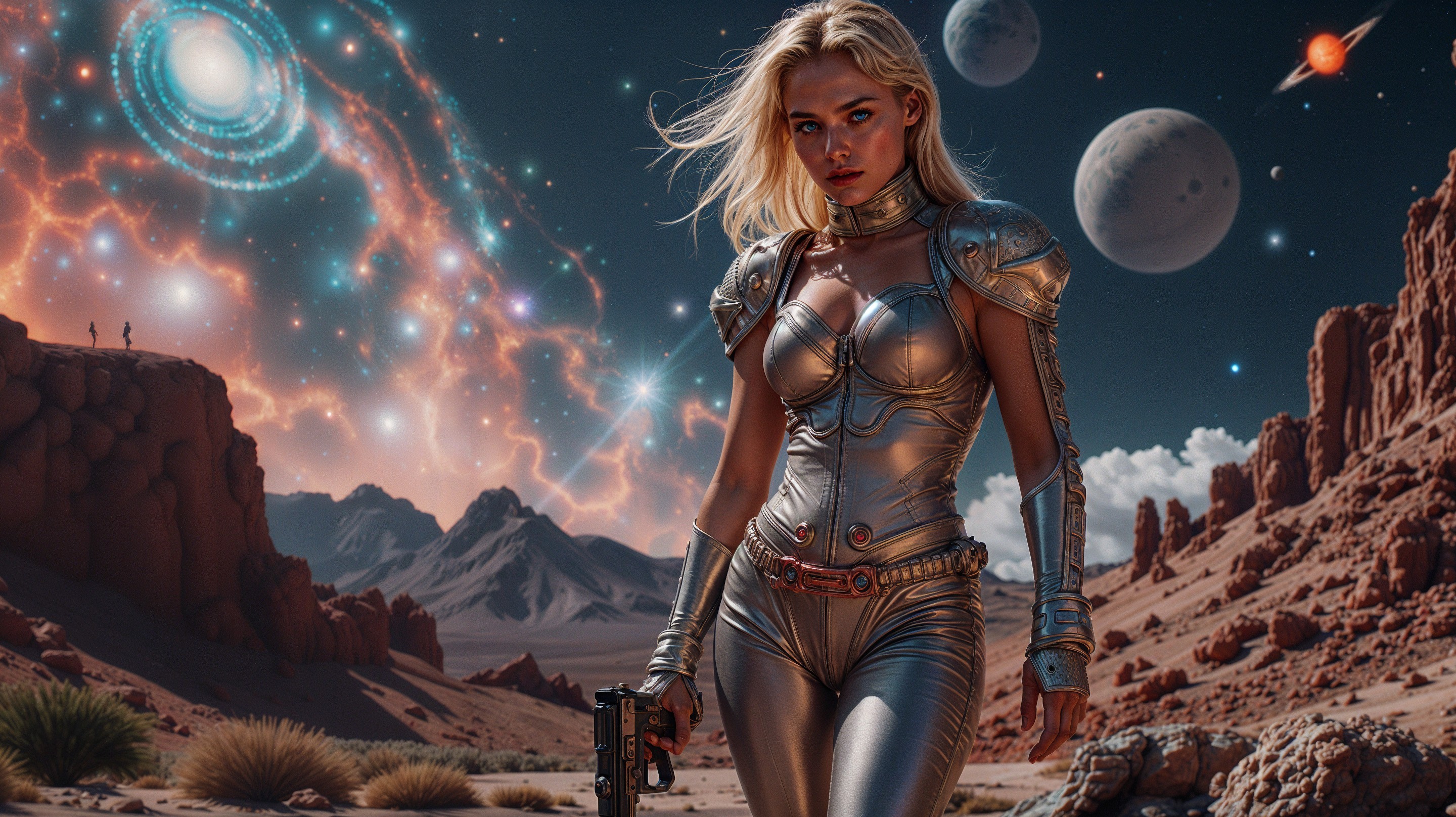 Futuristic Warrior in Alien Landscape with Cosmic Sky