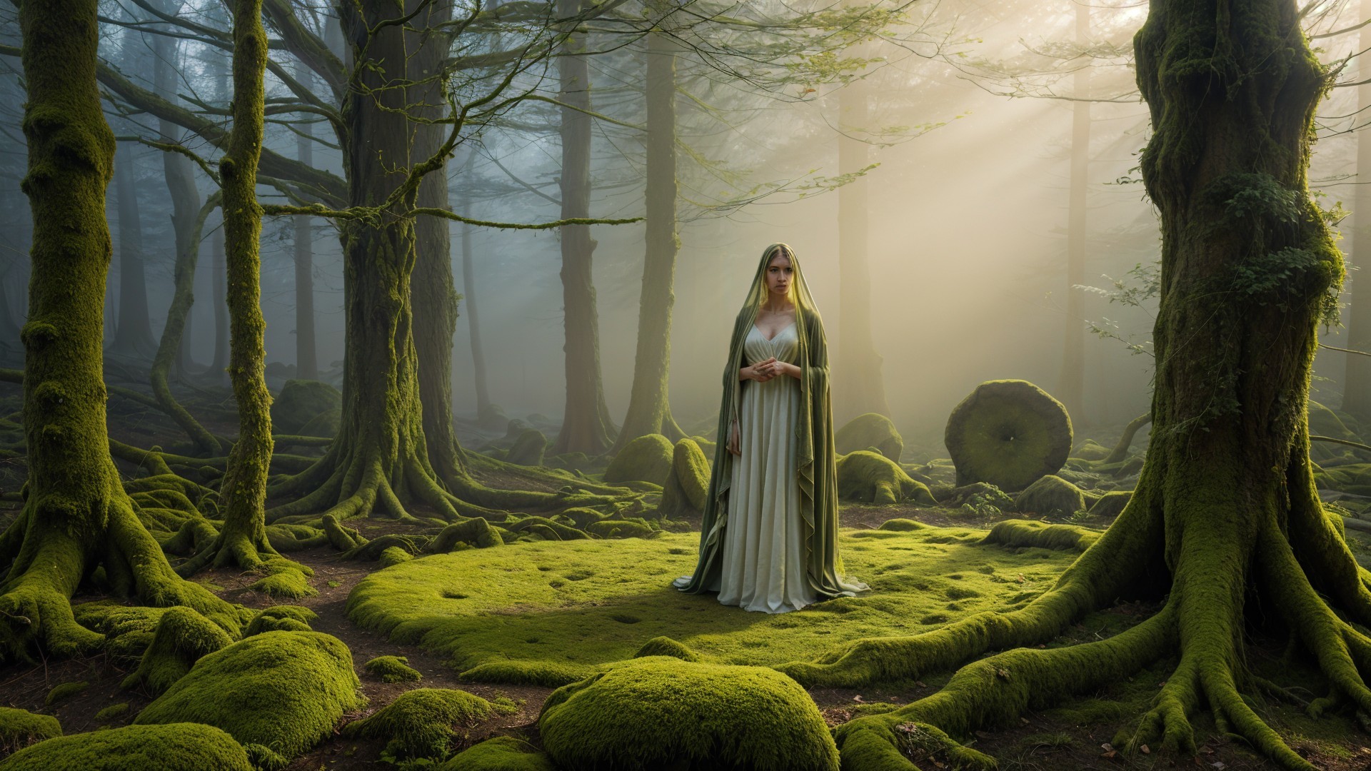 Misty Forest Scene with Woman in Green Dress