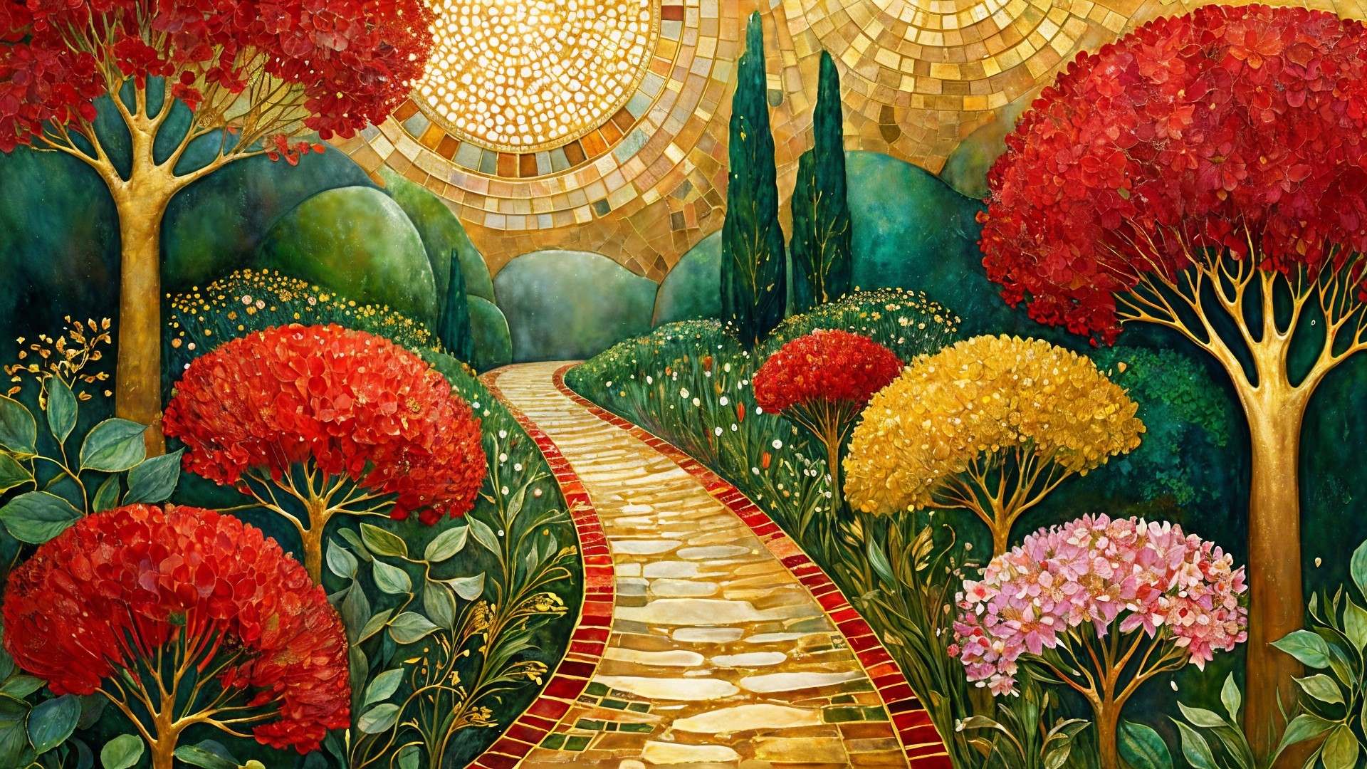 Vibrant Garden Scene with Colorful Foliage and Pathway