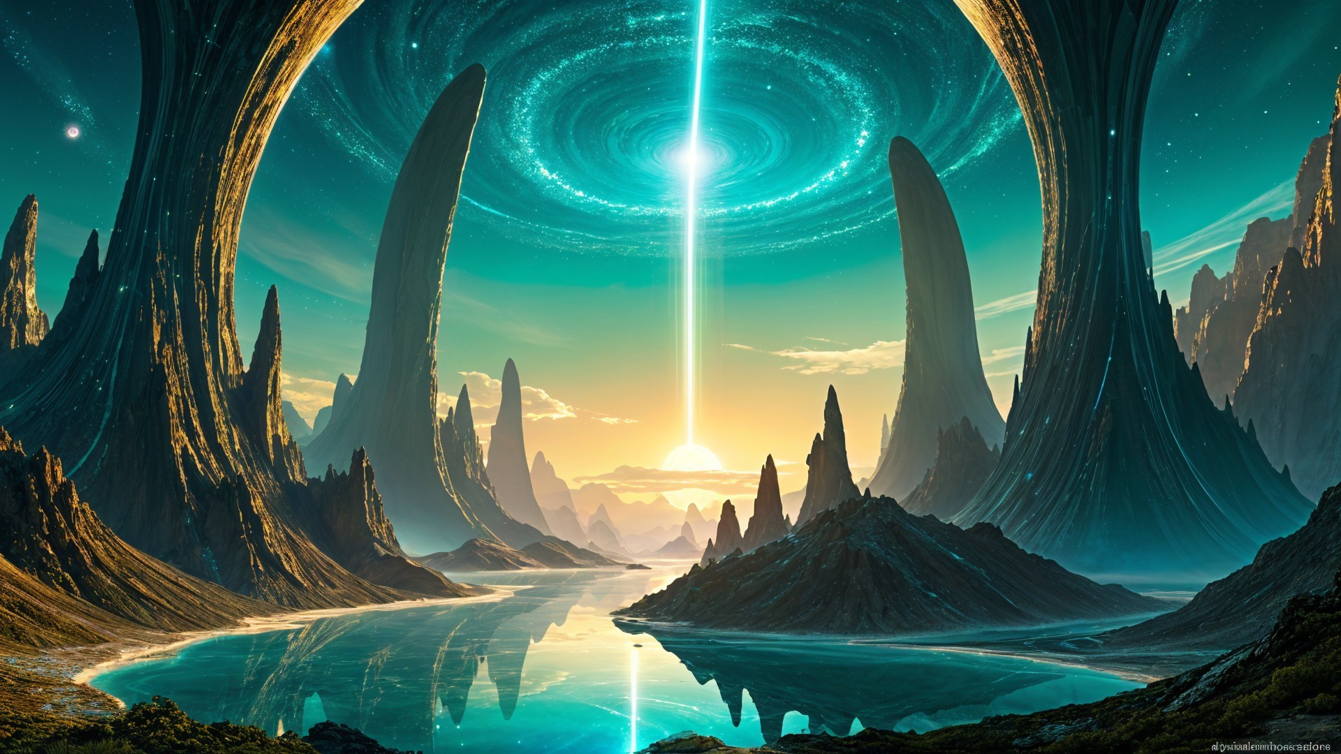 Alien Landscape with Crystalline Spires and Water