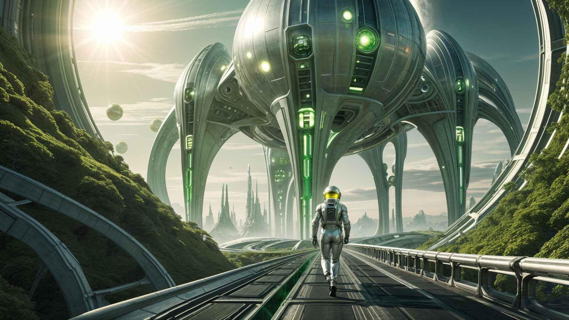 Futuristic landscape with astronaut and organic structures