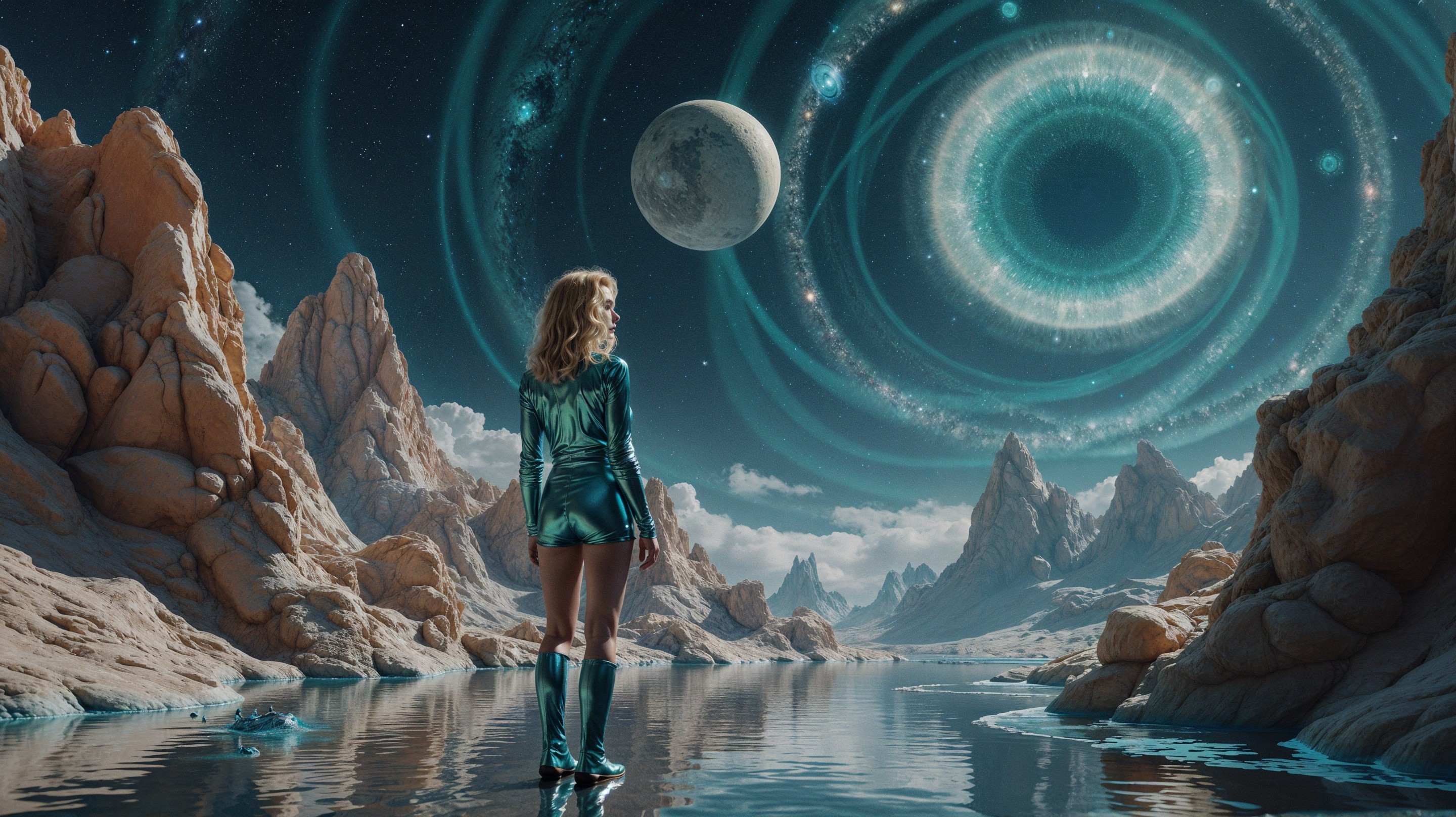 Futuristic Landscape with Woman by Cosmic Water Body