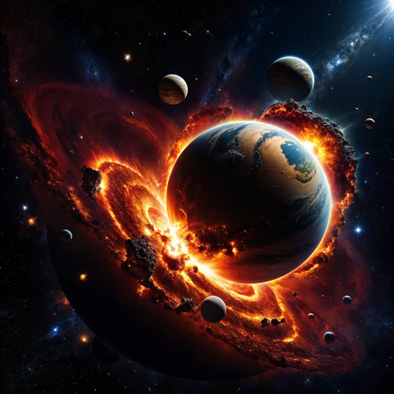 Vibrant Cosmic Scene with Fiery Planet and Stars