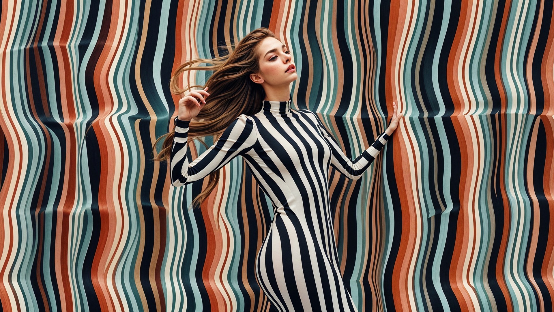 Model in Striped Dress Against Colorful Wavy Background