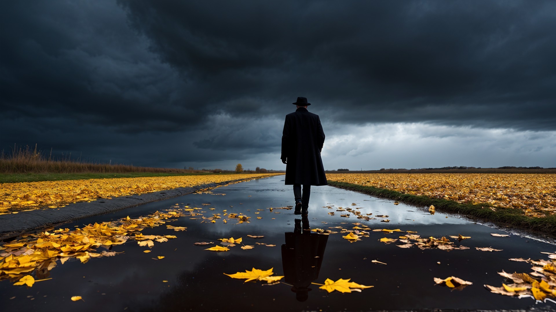 Solitary Figure on Reflective Pathway with Autumn Leaves