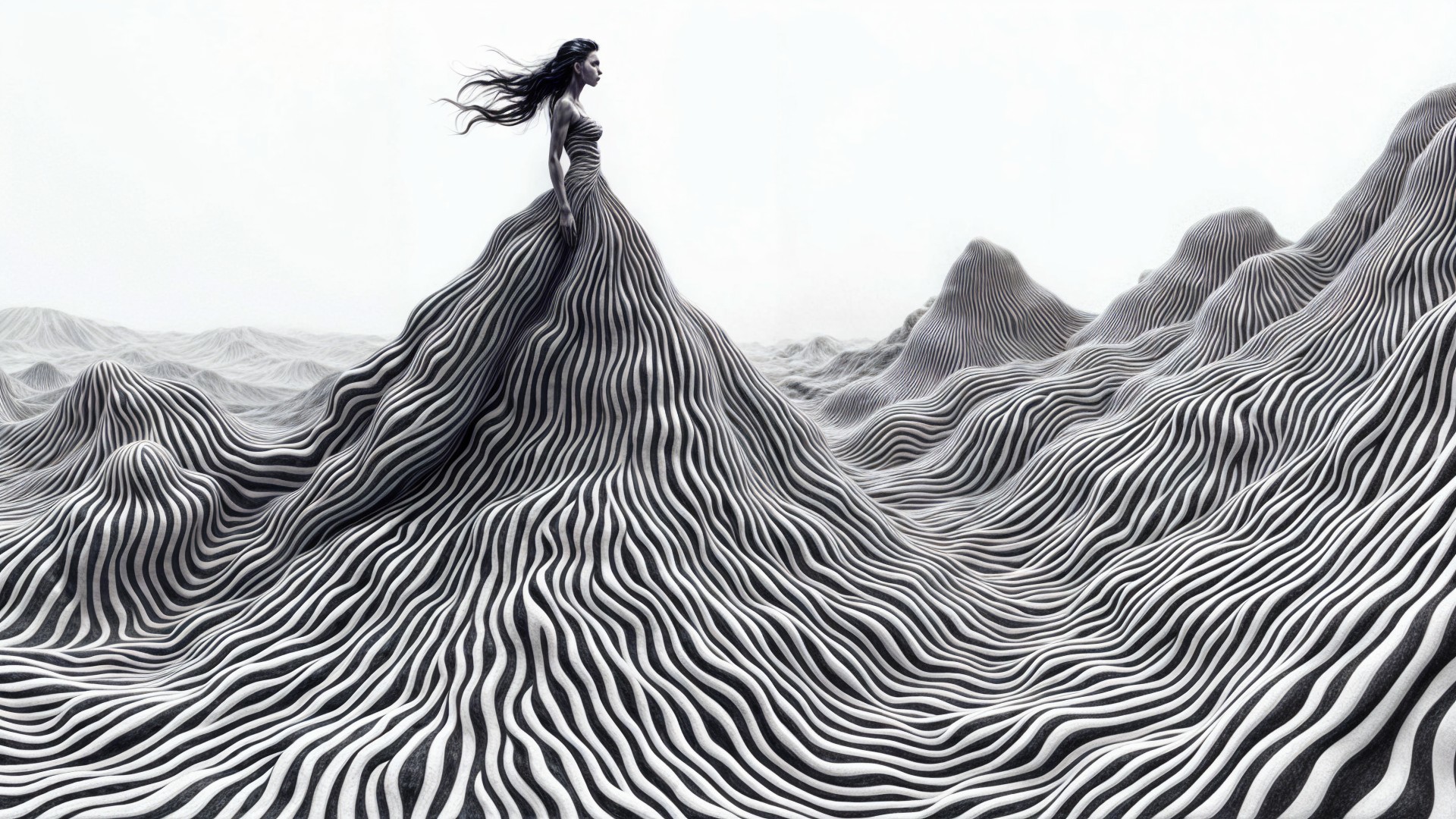 Monochrome Landscape with Flowing Patterns and Figure