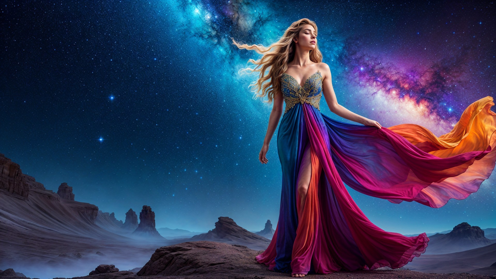 Stunning Woman in Vibrant Gown on Rocky Landscape