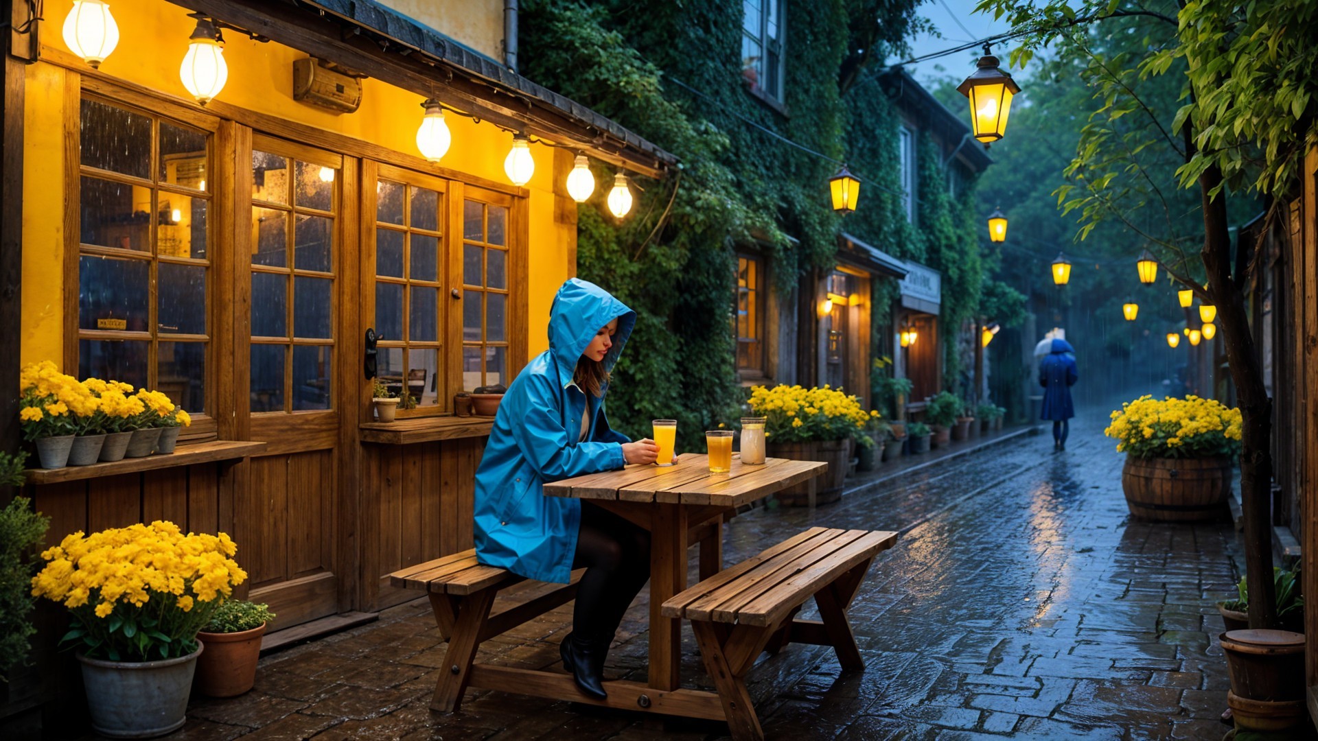 Cozy Alley Scene with Lanterns and Rainy Atmosphere