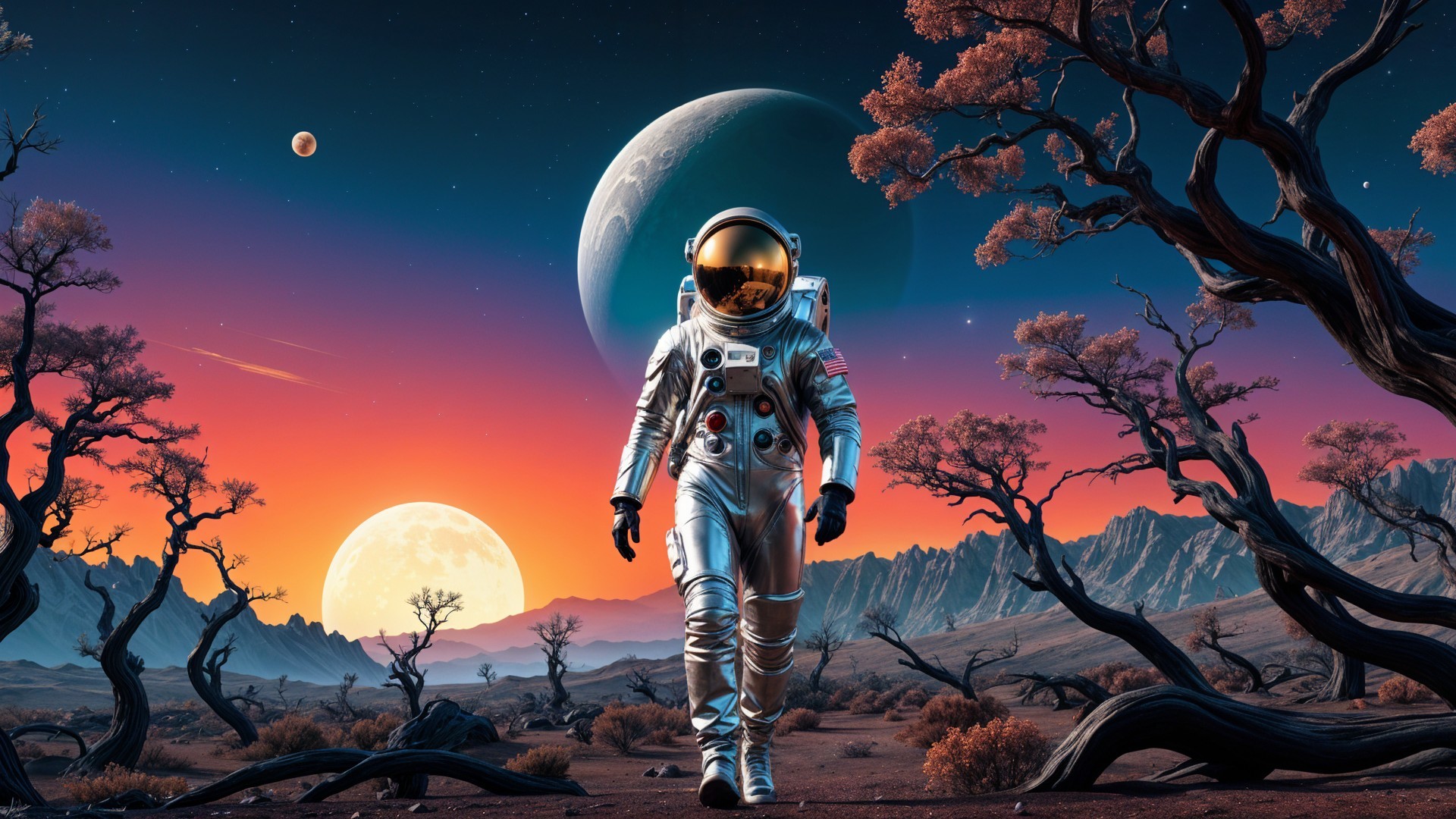 Astronaut in Surreal Alien Landscape with Celestial Bodies