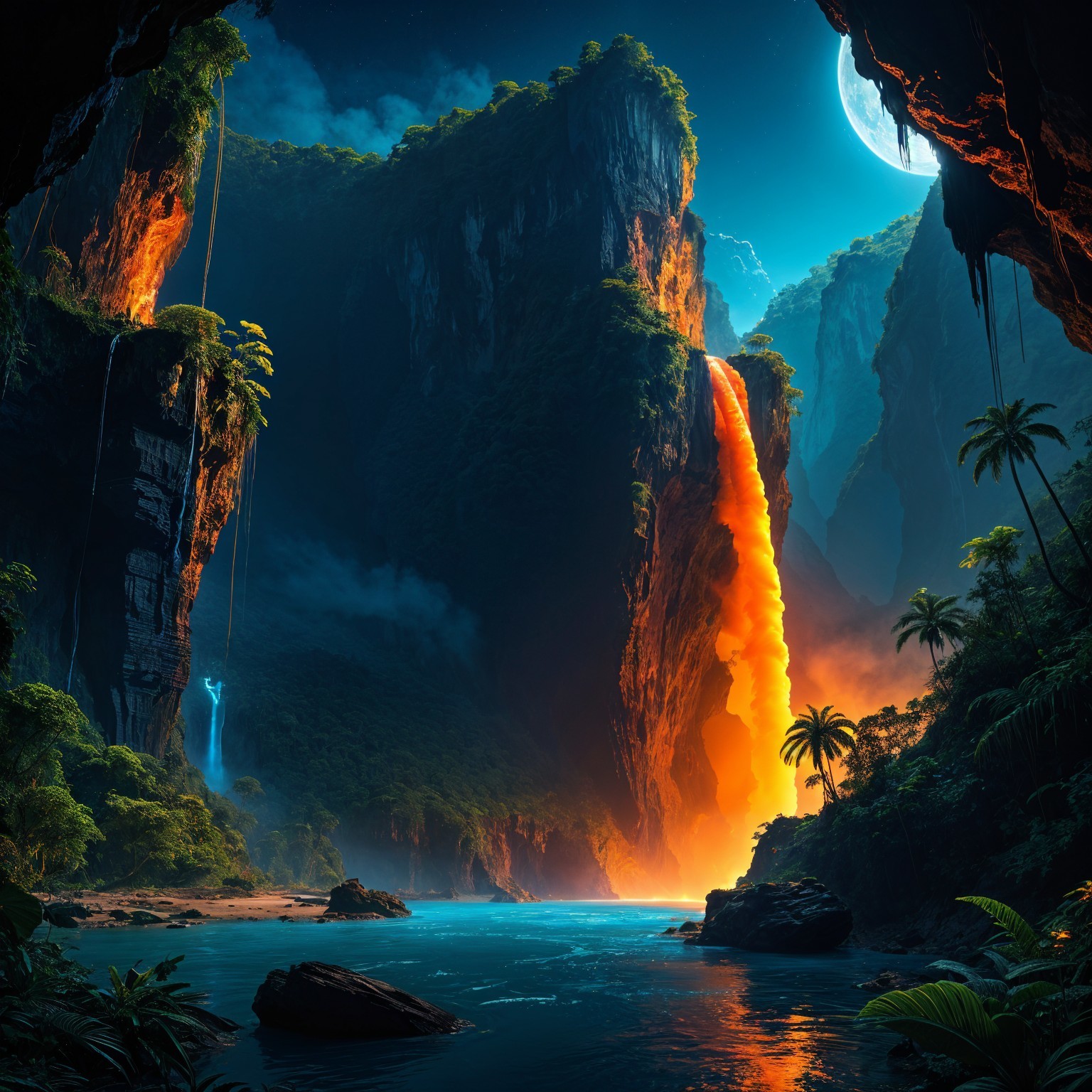 Dramatic Canyon with Glowing Waterfall and River
