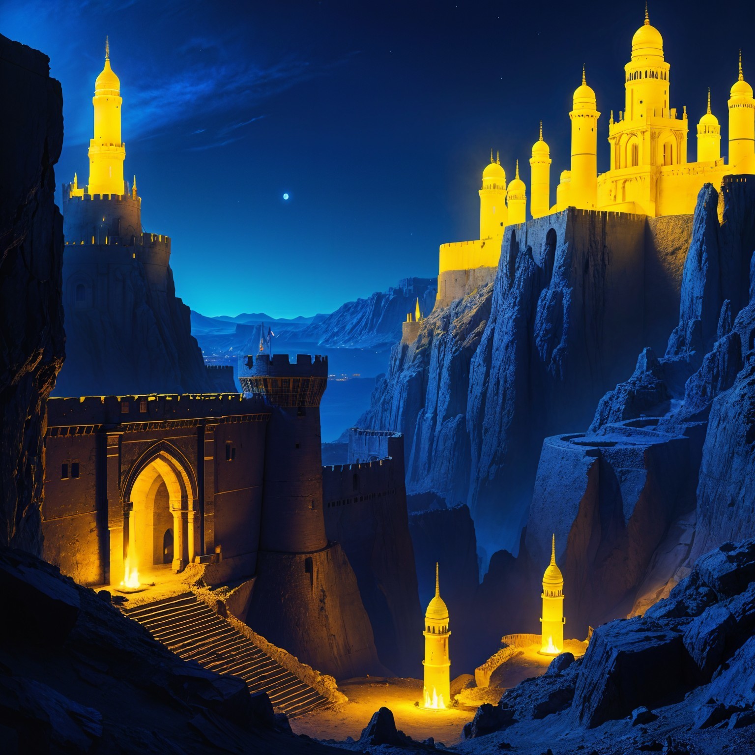 Fantasy Landscape with Golden Castles at Twilight