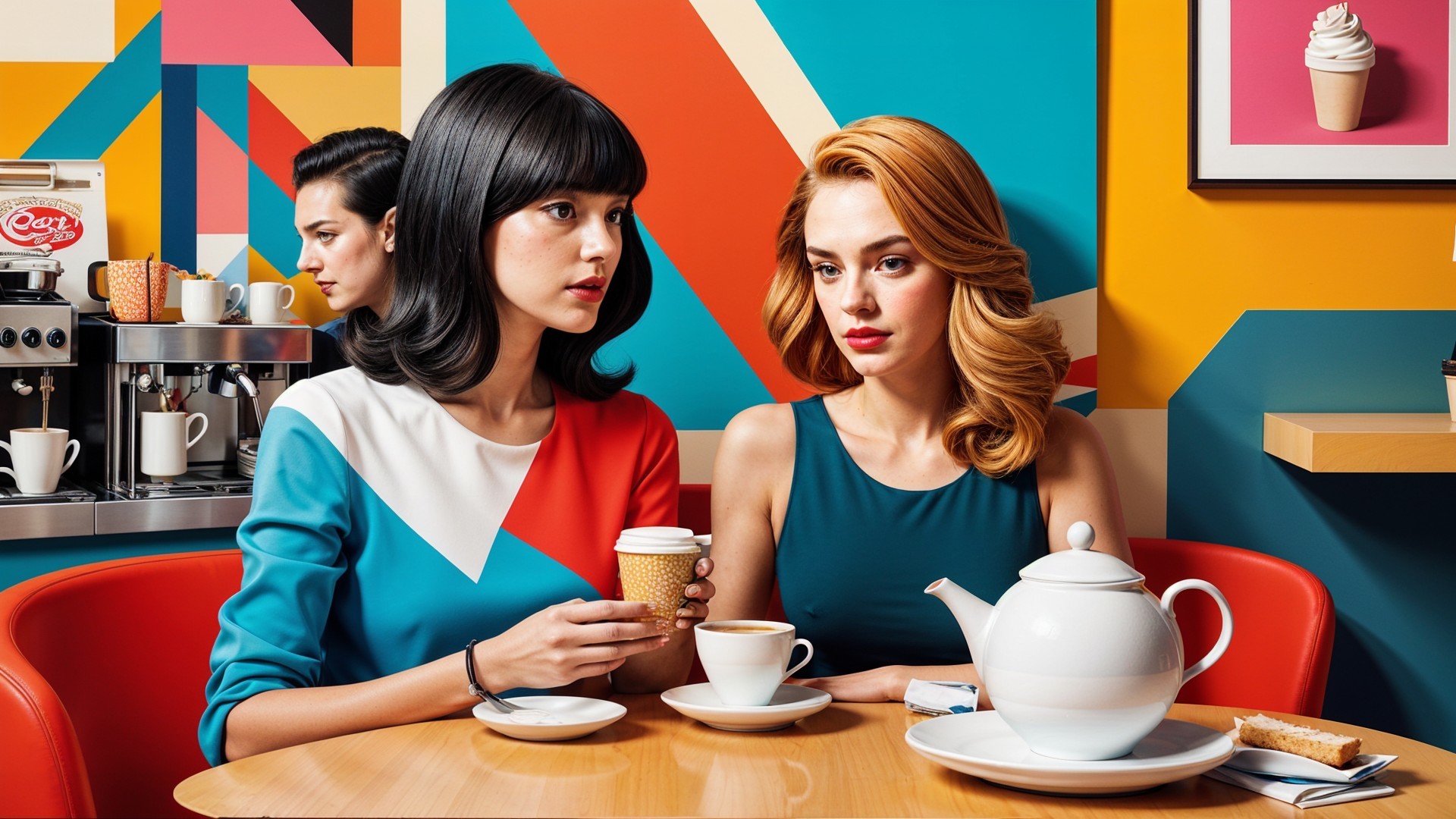 Café Scene with Women and Geometric Wall Art