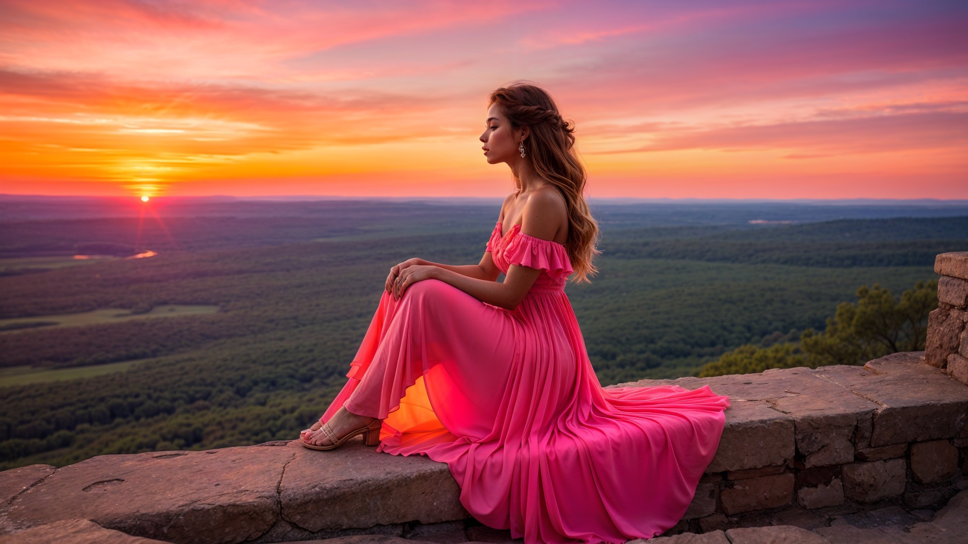 Young Woman in Pink Dress at Sunset on Stone Ledge