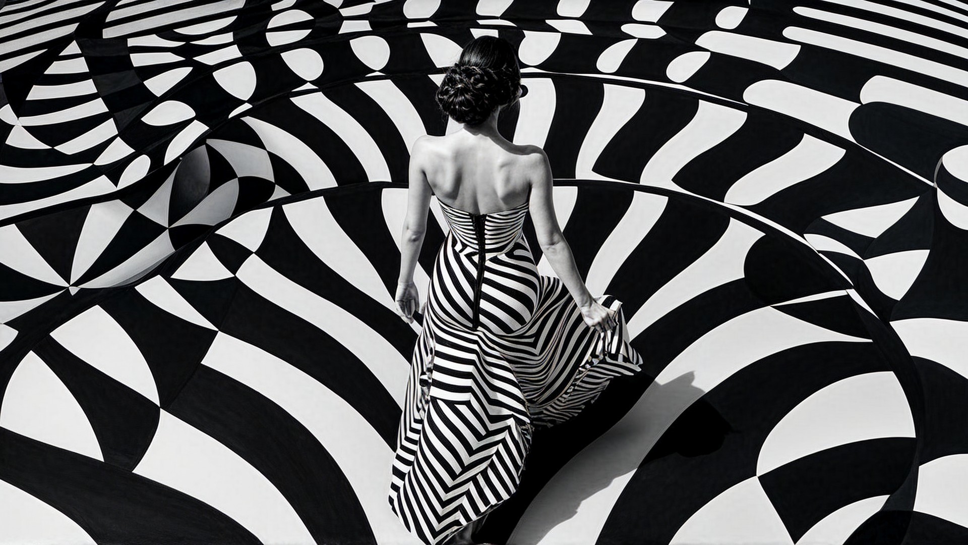 Elegant Woman in Striped Dress with Swirling Background