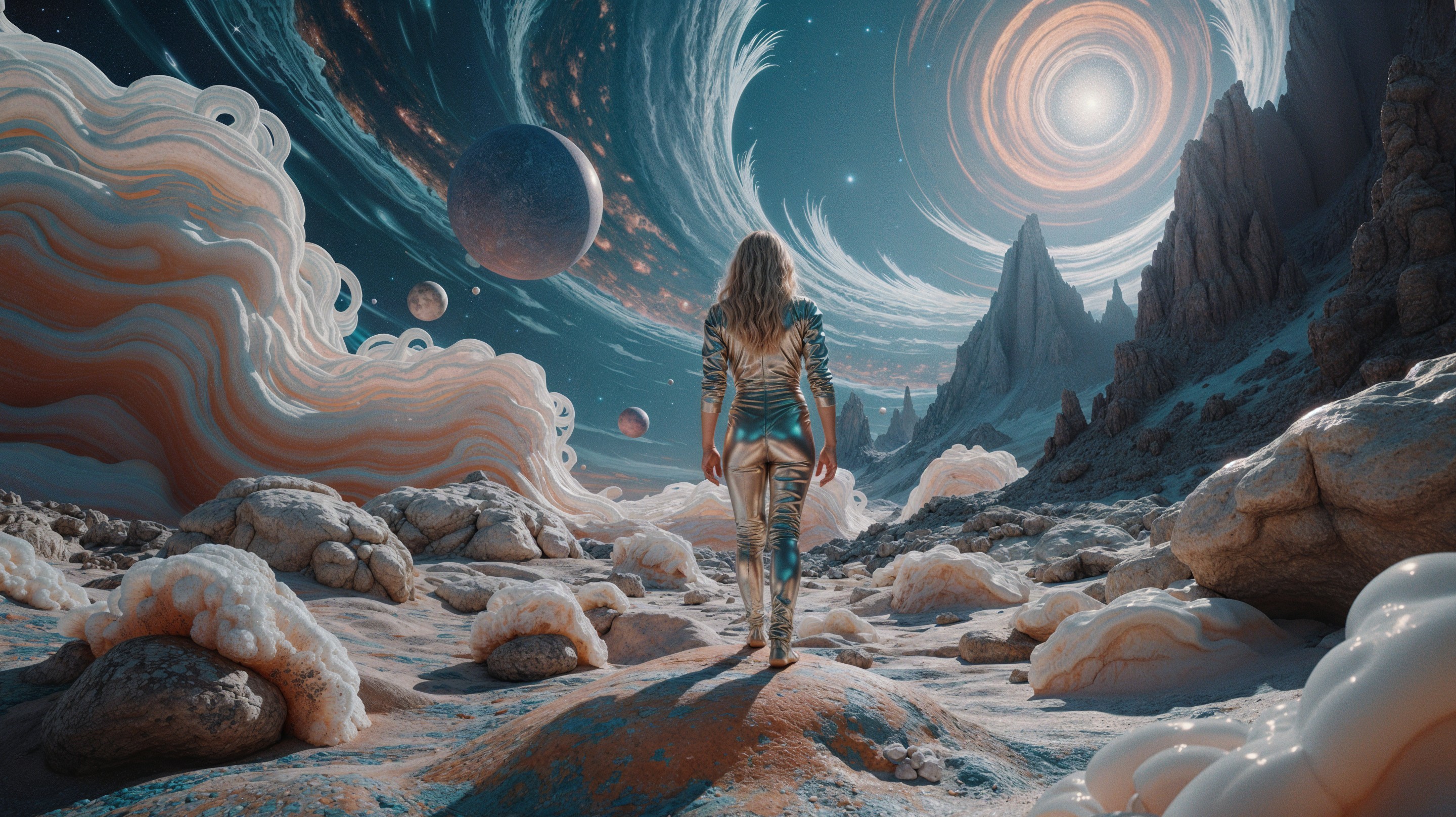 Surreal Alien Landscape with Galaxies and Planets
