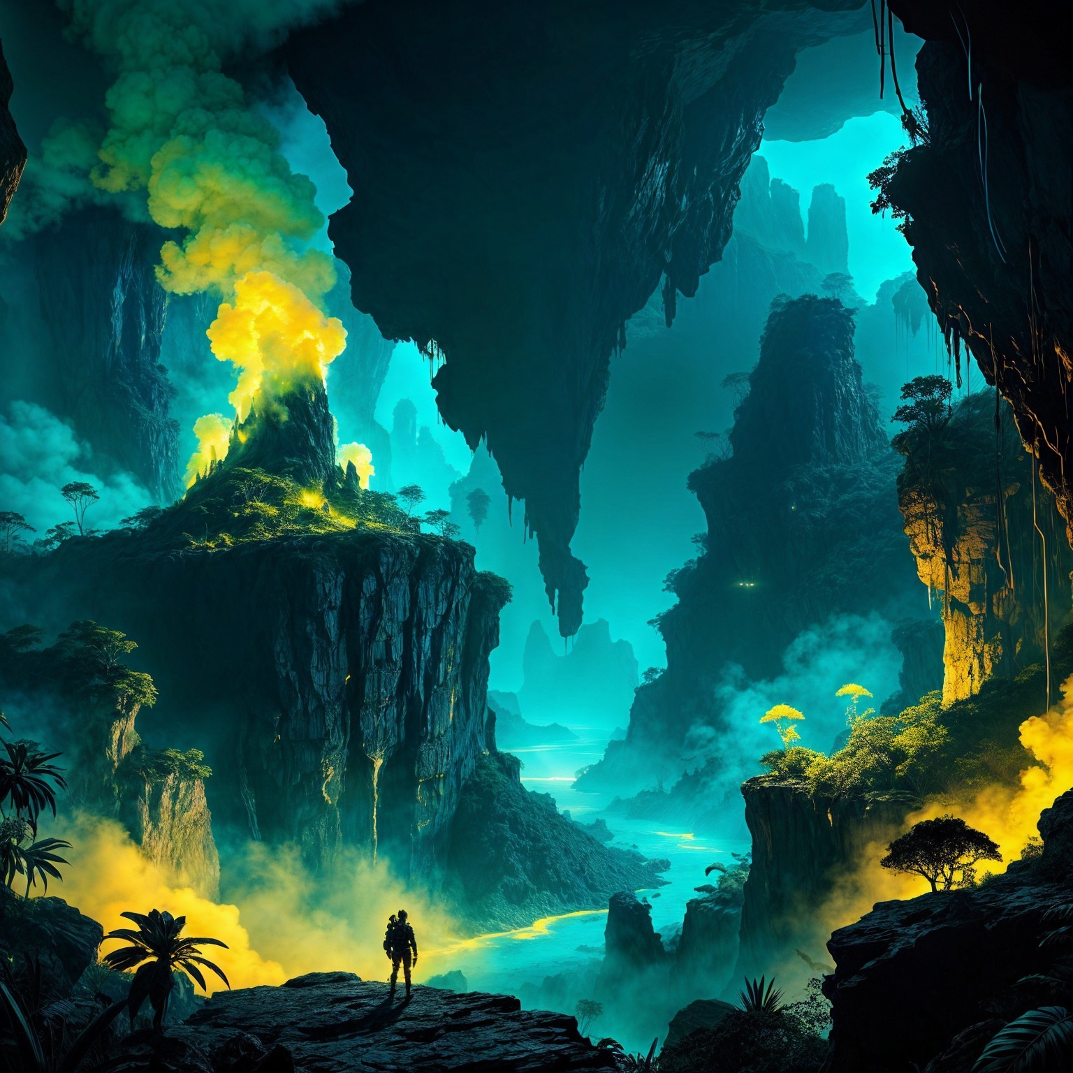 Mystical Landscape with Glowing Mists and Waterfalls