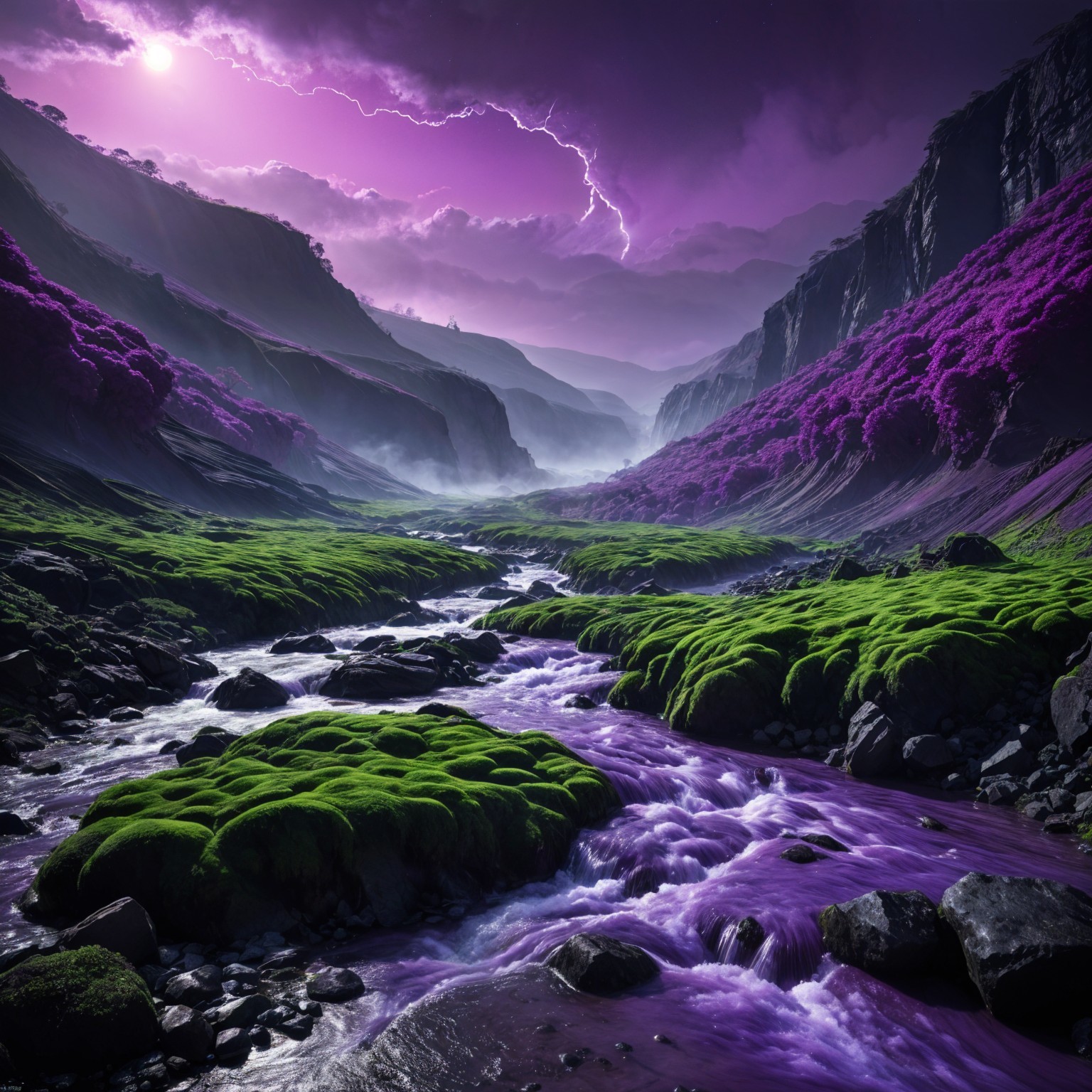 Surreal Landscape with River and Purple Foliage