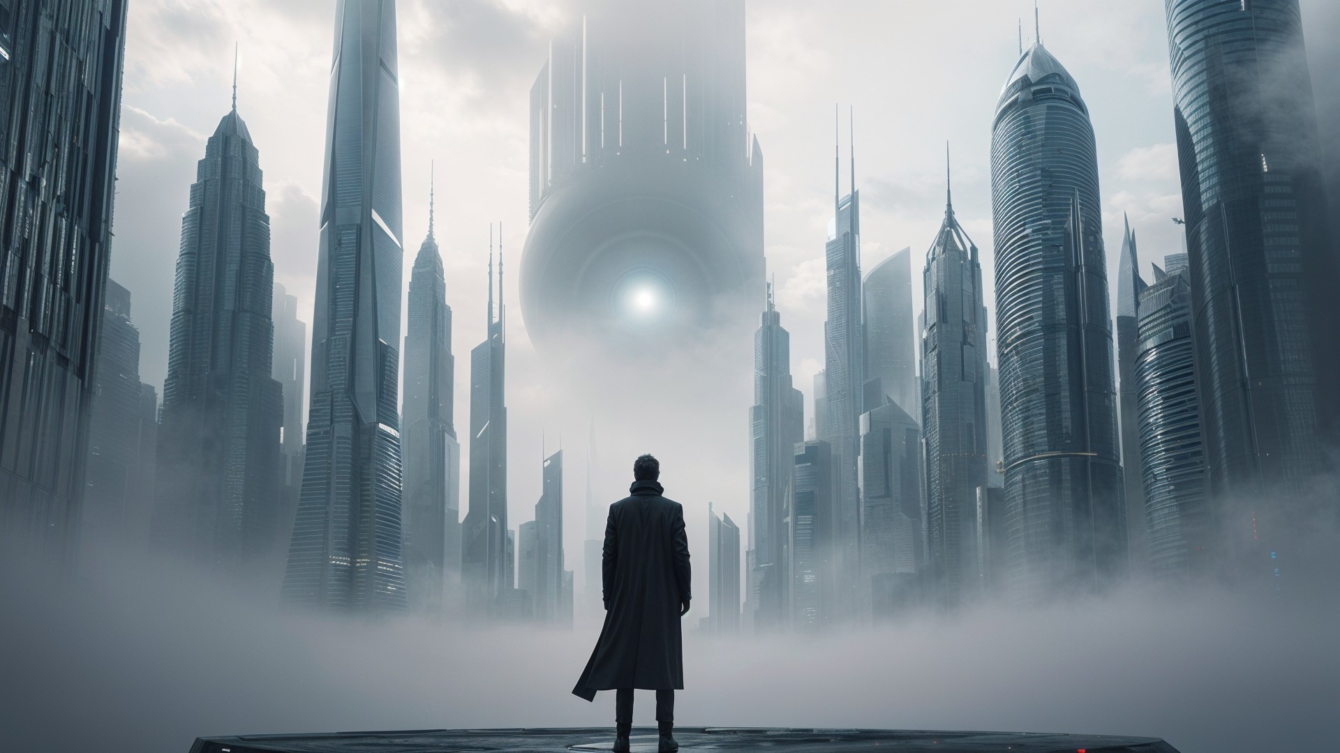 Lone Figure Overlooks Futuristic Dystopian Cityscape