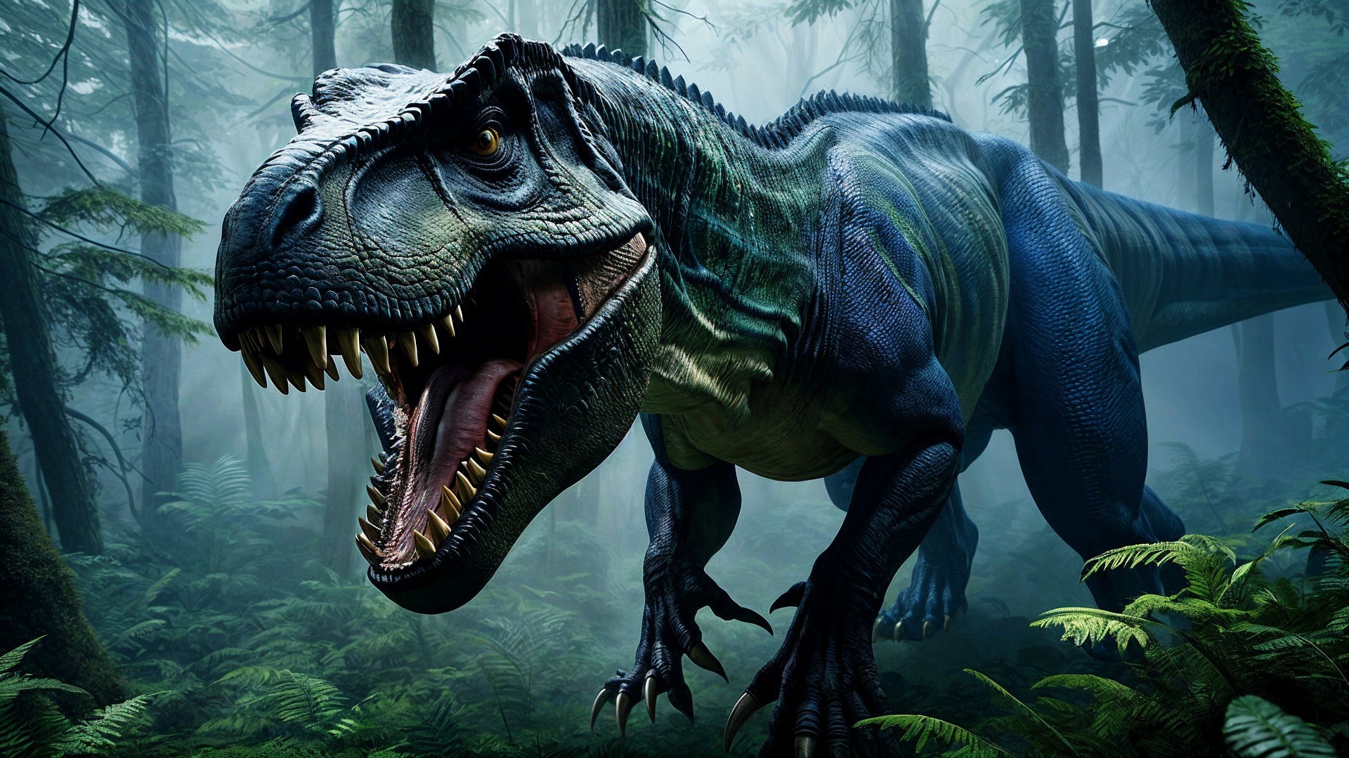 Tyrannosaurus rex in a misty prehistoric forest
