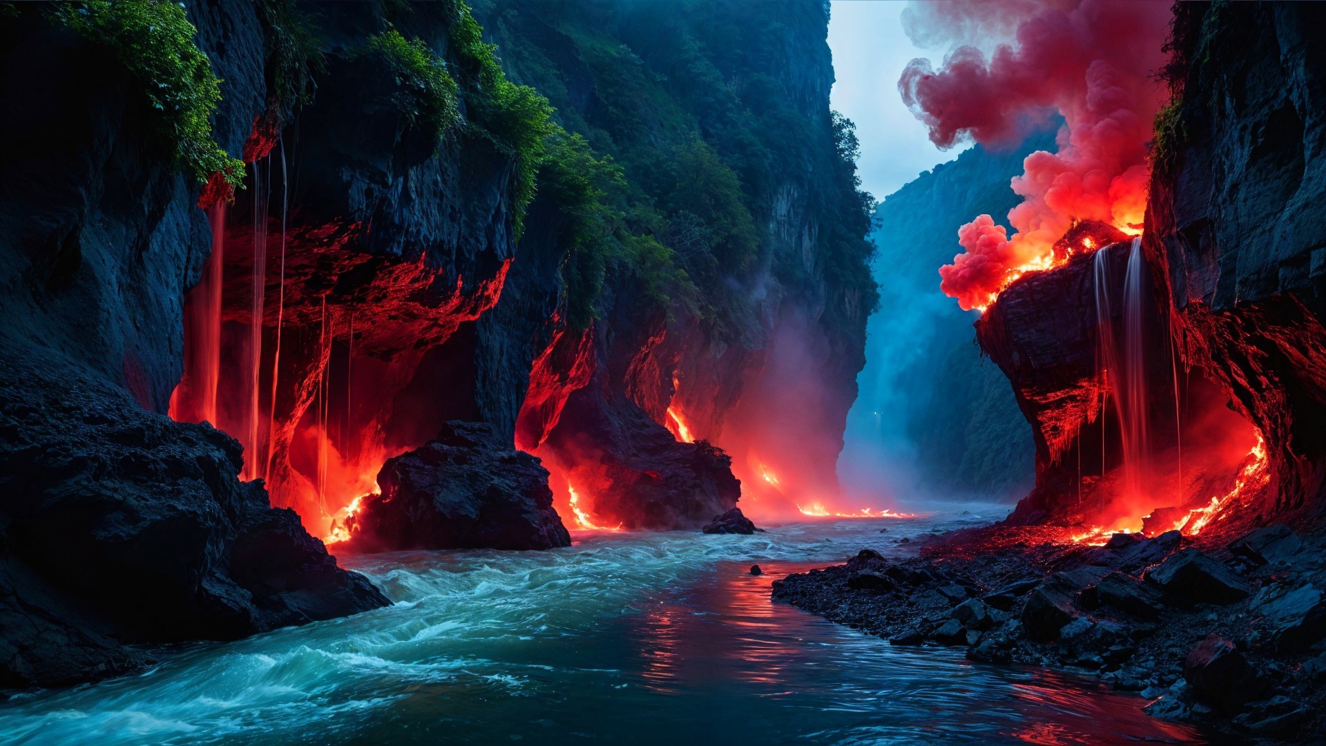 Dramatic Landscape of Flowing Lava and Waterfalls