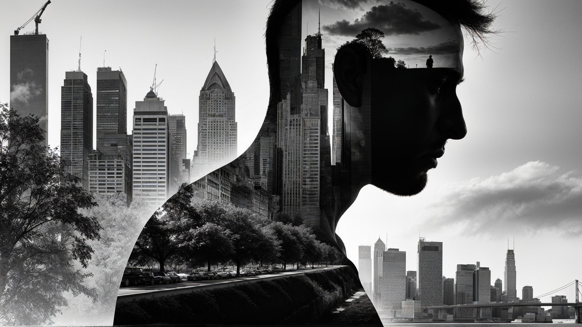 Double Exposure of Cityscape and Nature in Silhouette