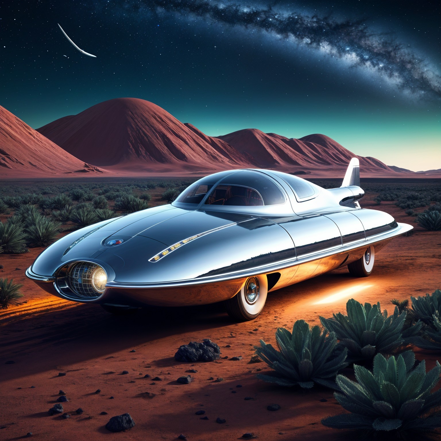 Futuristic Car in Desert Under Starry Sky