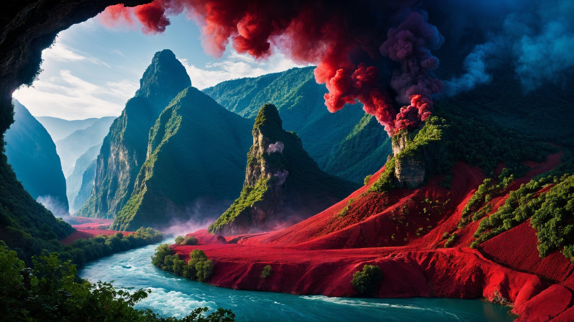 Dramatic Landscape of Green Mountains and Crimson Smoke