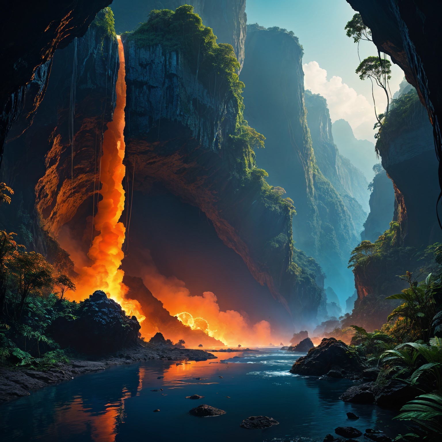 Majestic Waterfall and Lava Flow in Scenic Landscape