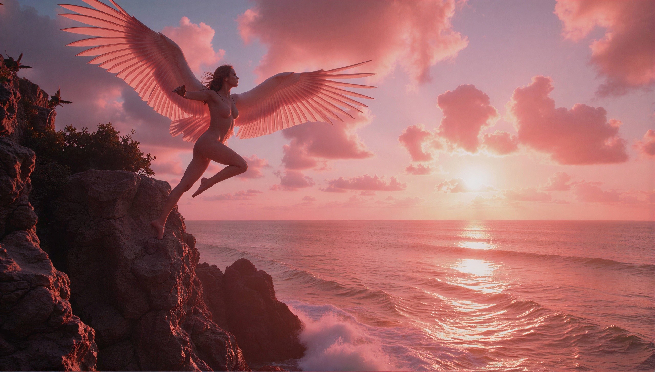 Nude Figure with Pink Wings Jumping from Cliff at Sunset