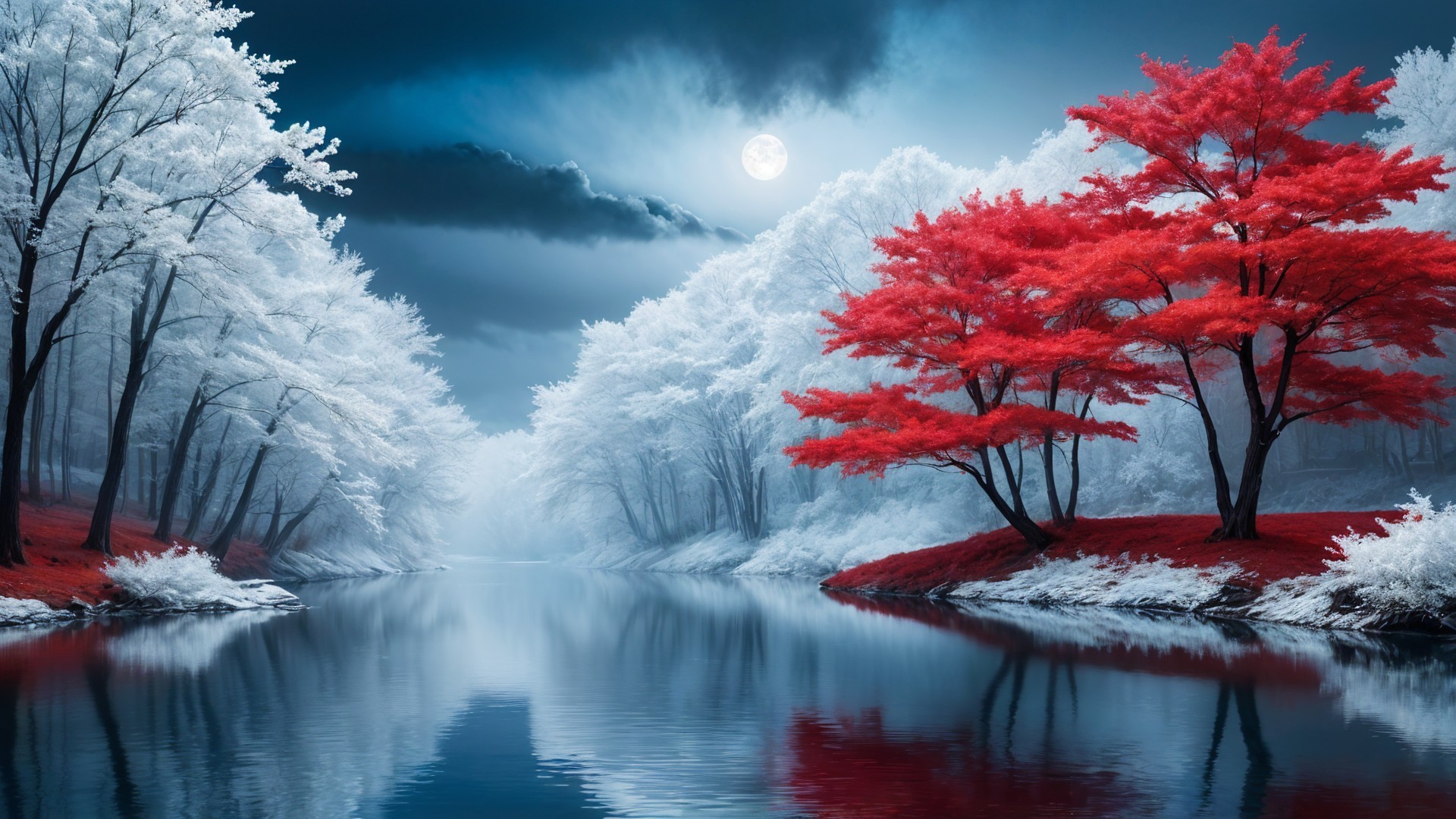 Serene Night Landscape with Moonlit River and Trees