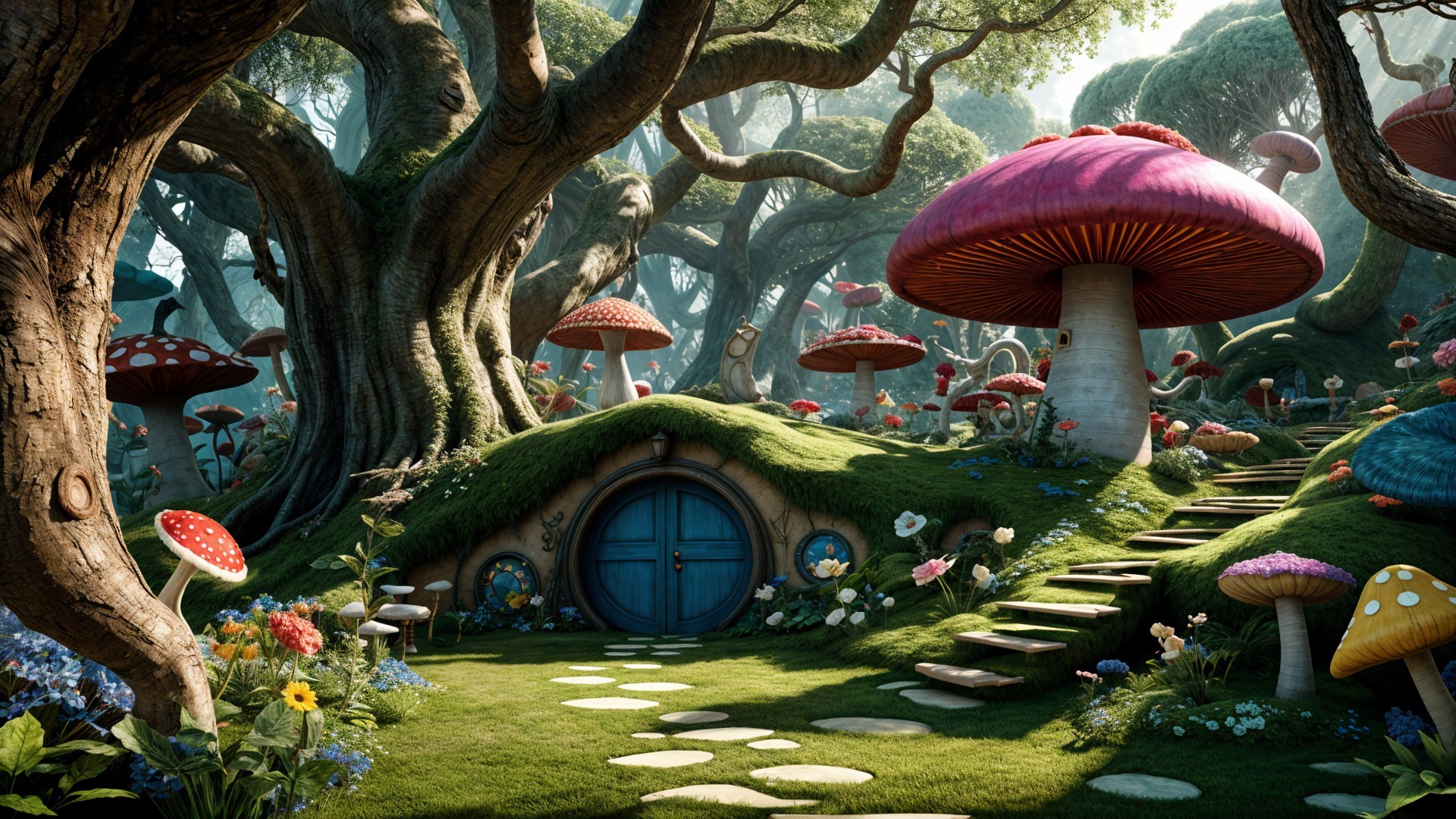 Whimsical Forest Scene with Vibrant Mushrooms and Home