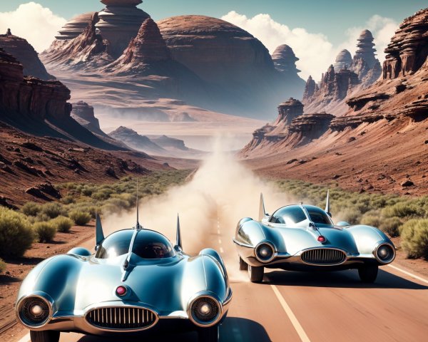 Futuristic Cars Racing in Dramatic Desert Landscape