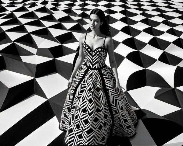 Black and White Image of Woman in Geometric Dress