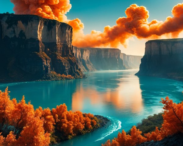 Autumn River Landscape with Cliffs and Vibrant Skies