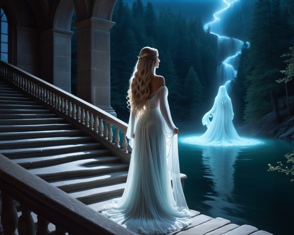 Woman in White Gown by Lake with Ghostly Figure