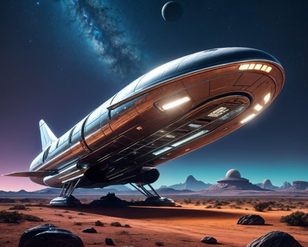 Futuristic Spaceship on Rocky Landscape Under Stars