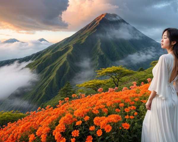Young Woman in White Dress on Flower-Covered Hill