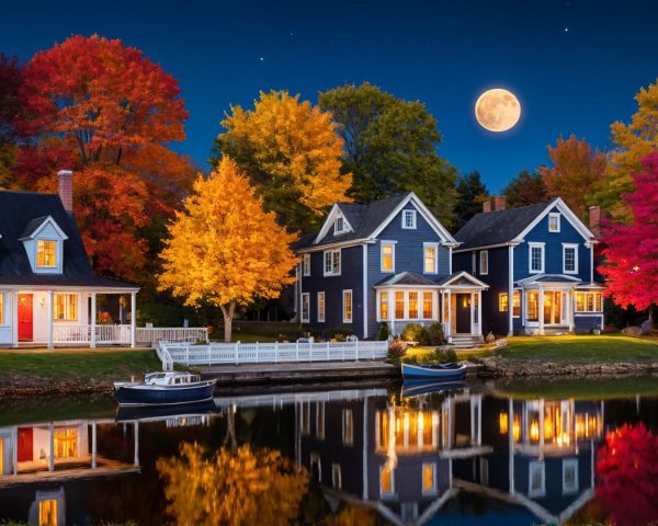 Serene Autumn Scene with Charming Houses and River