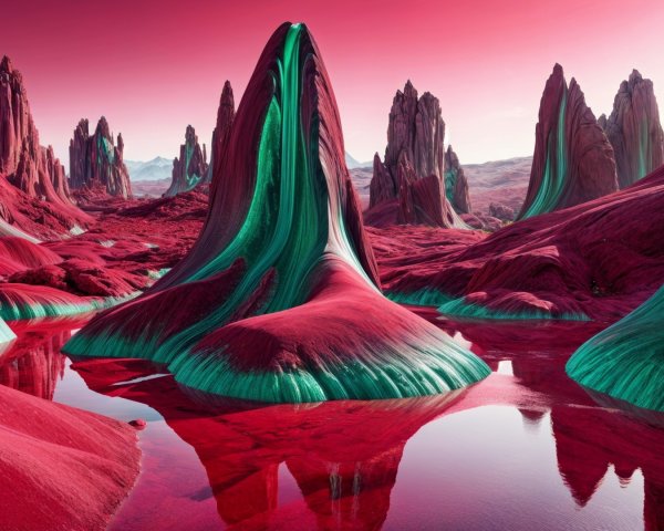 Surreal Landscape with Towering Red and Green Formations