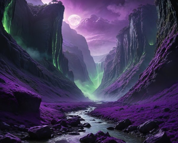 Mystical Landscape with Purple Cliffs and Green Waterfall