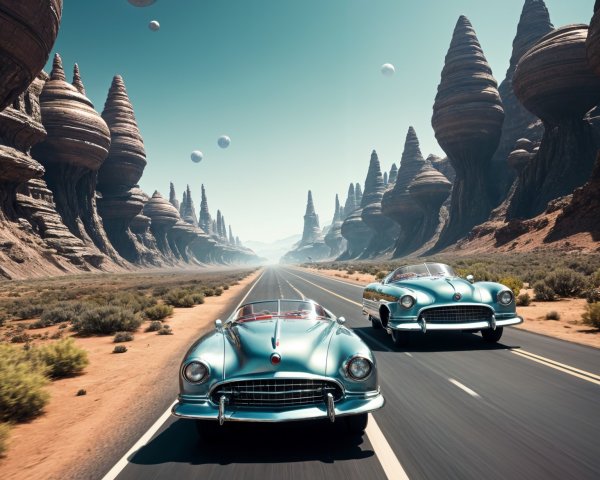 Vintage Blue Cars on a Highway with Surreal Rock Formations