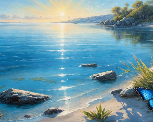 Tranquil Sunrise Landscape with Lake and Butterflies